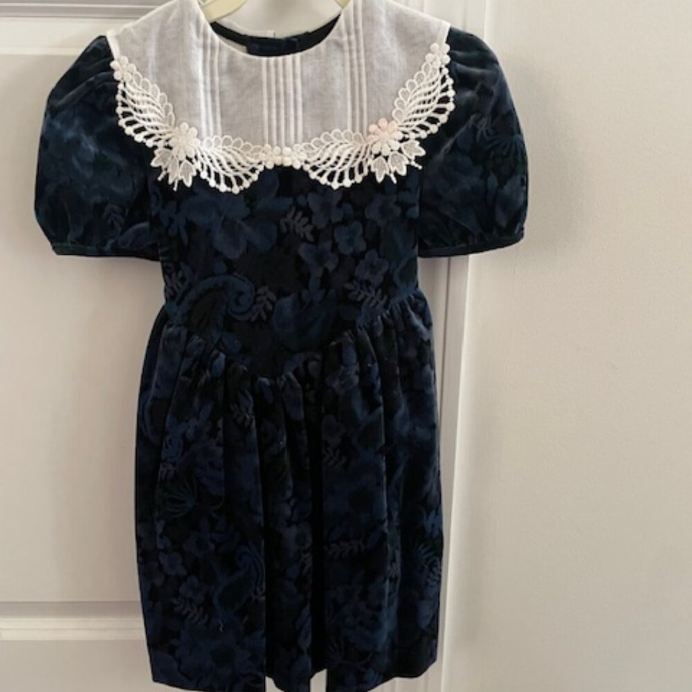 Girls Velvet Dress with White Embroidered Collar